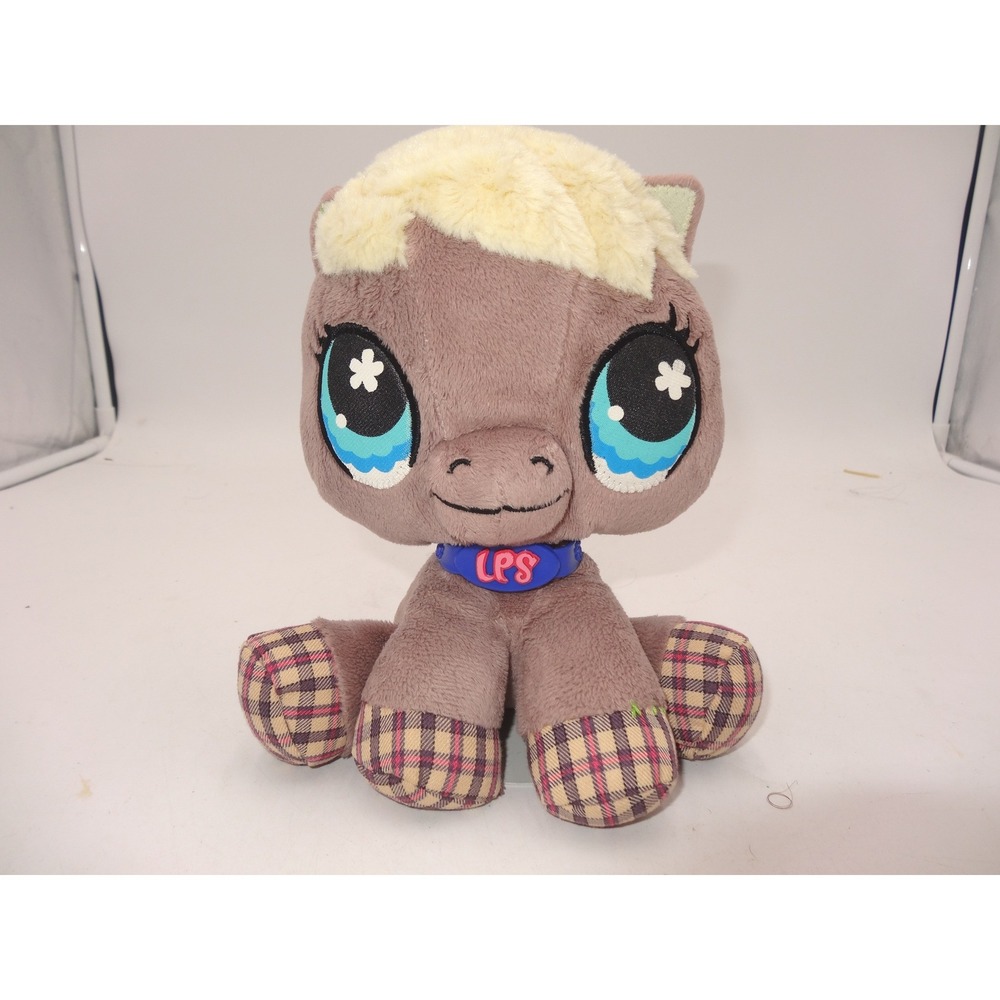 Littlest Pet Shop LPS Horse Plush Stuffed Animal Brown Plaid Hooves Blue Eyes